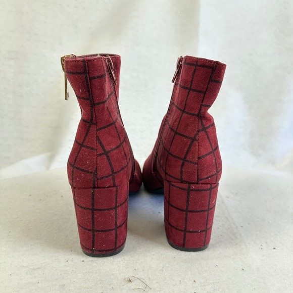Burgundy Suede Block Heel Ankle Boots Square Toe Zipper Plaid Detail Women 7.5 - Picture 4 of 10